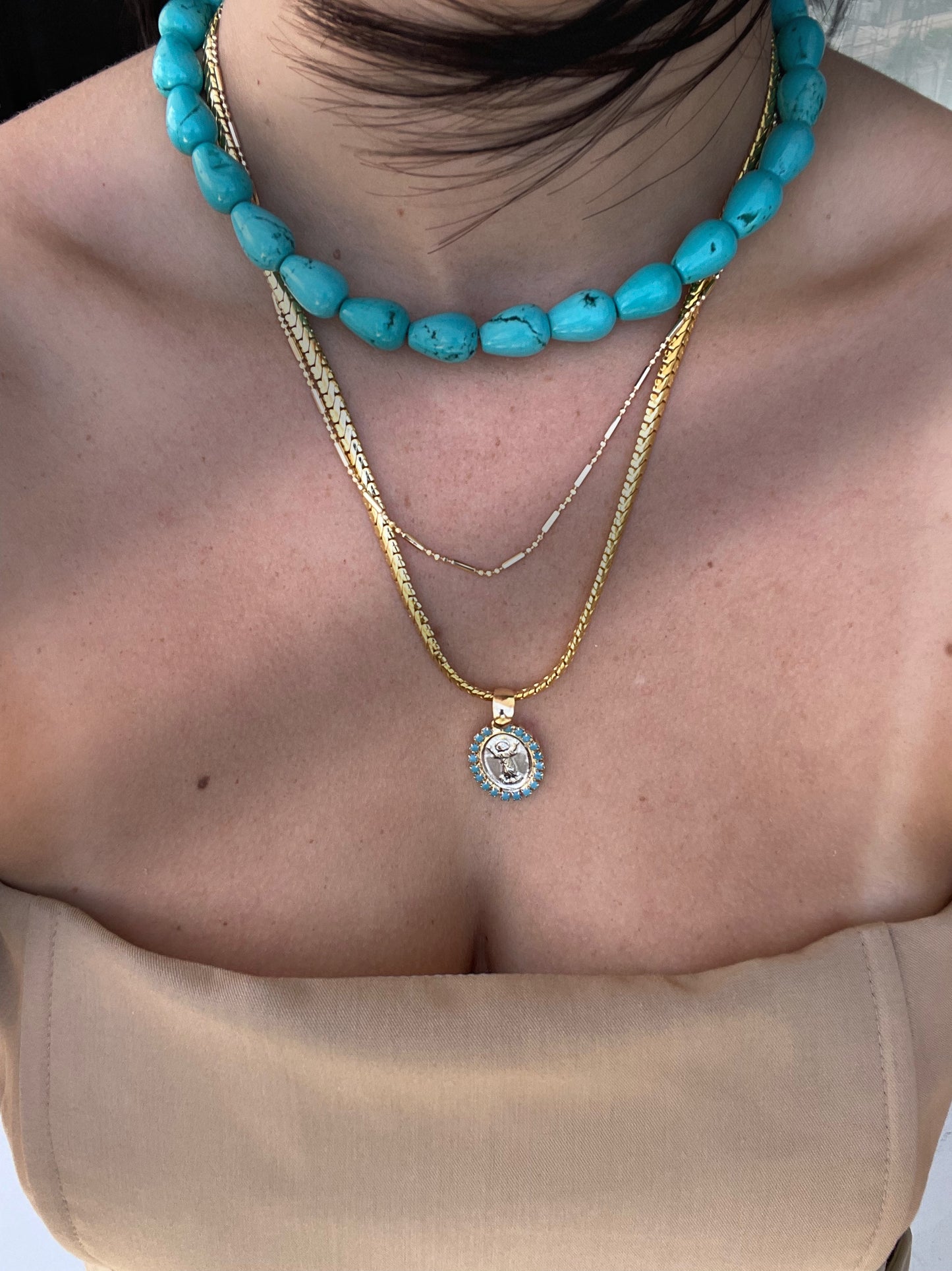 15" Long, 14mm Corn Natural Turquoise Necklace  Natural stones may vary in size, color or shape 15" long necklace & 5" extender 0.4"×0.55" (10mmx14mm) natural turquoise 60 grams weight Nickel, Lead & Chrome free