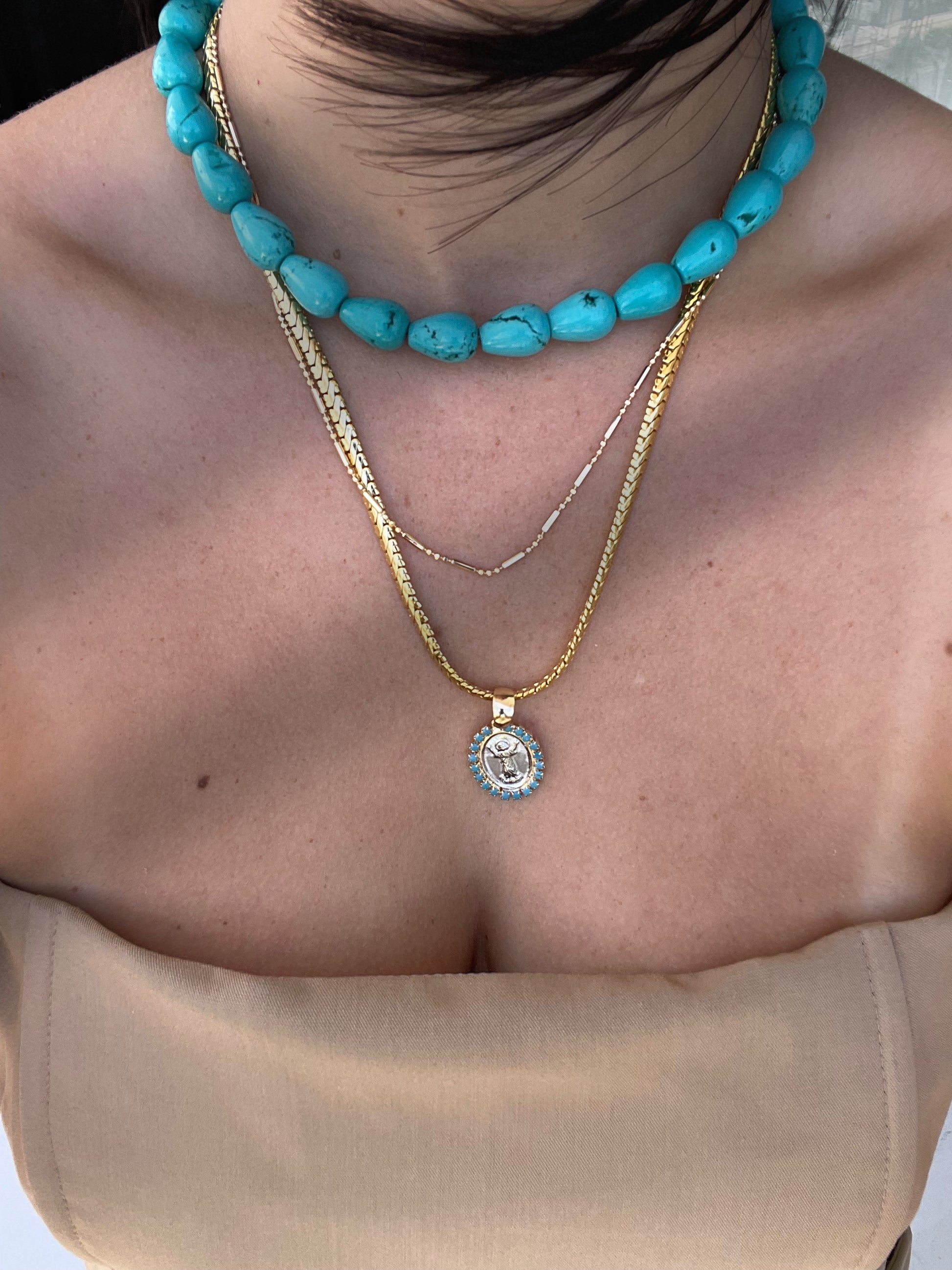 15" Long, 14mm Corn Natural Turquoise Necklace  Natural stones may vary in size, color or shape 15" long necklace & 5" extender 0.4"×0.55" (10mmx14mm) natural turquoise 60 grams weight Nickel, Lead & Chrome free